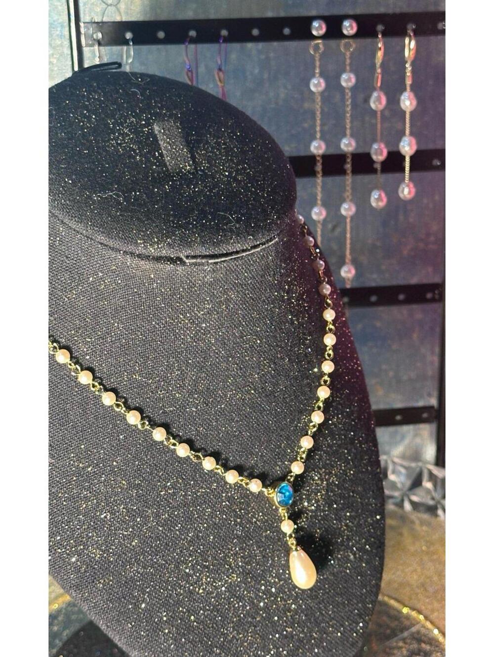 Rare VTG Monet Seed Pearl and blue rhinestone gold necklace 2 Pr New Earrings